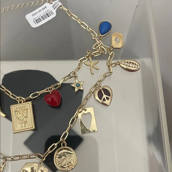 Free People Gold-Tone Multi Charm Necklace with Blue and Red Accents - Picture 8 of 9